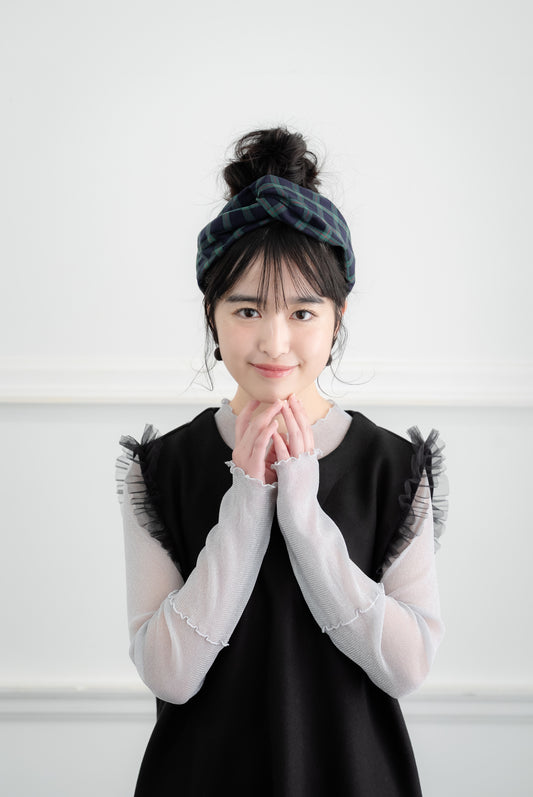 ゴムターバン【チェック/グリーン×ネイビー】