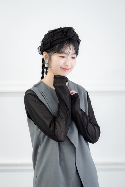 ゴムターバン【フリル/ブラック×チャコールグレー】